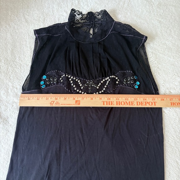 Free People‎ Rhinestone Cowboy Lace Embellished Top Western Wear Women's L Black - Picture 3 of 9